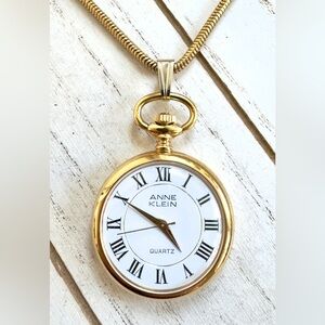 Anne Klein Pocket Watch Necklace Gold Tone Roman Numeral Dial 31.5” Long